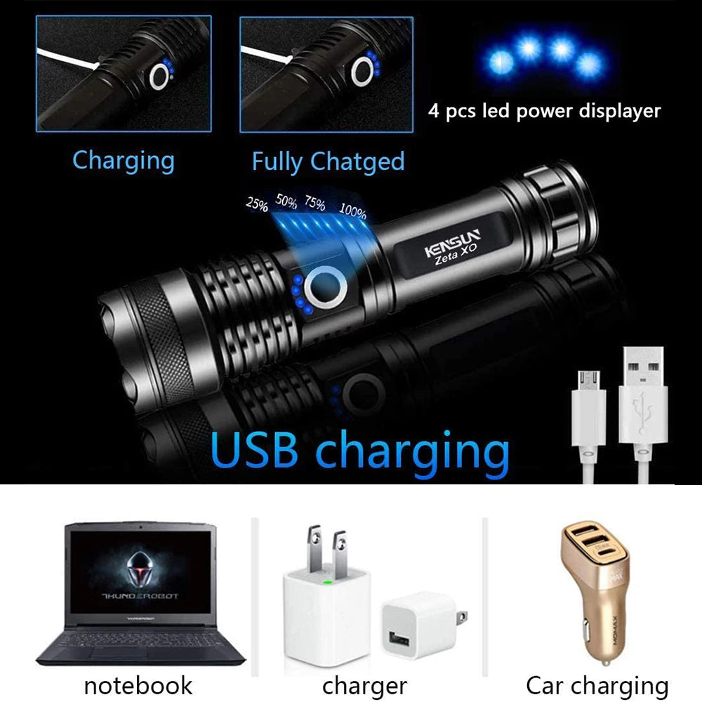 KENSUN High Power XHP70 Rechargeable Led Flashlight 4 Core Torch Zoom Usb Hand Lantern For Camping, Outdoor & Emergency Use 
