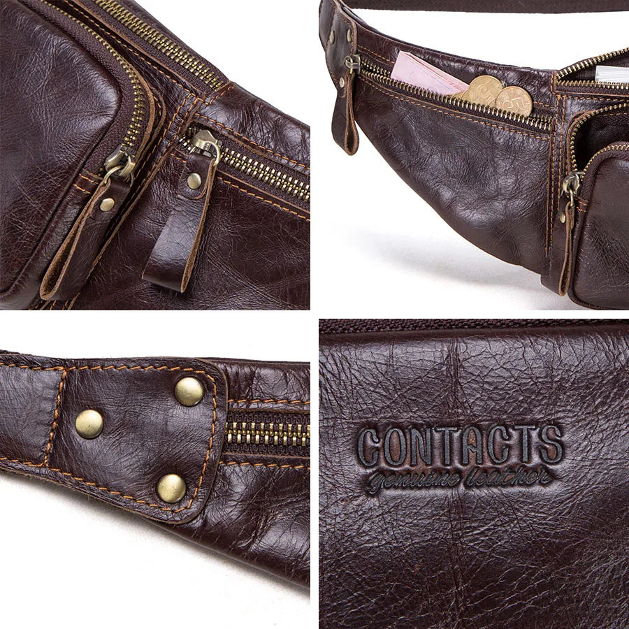 CONTACT'S Cow Leather Men Waist Bag New Casual Small Fanny Pack Male Waist Pack For Cell Phone And Credit Cards Travel Chest Bag