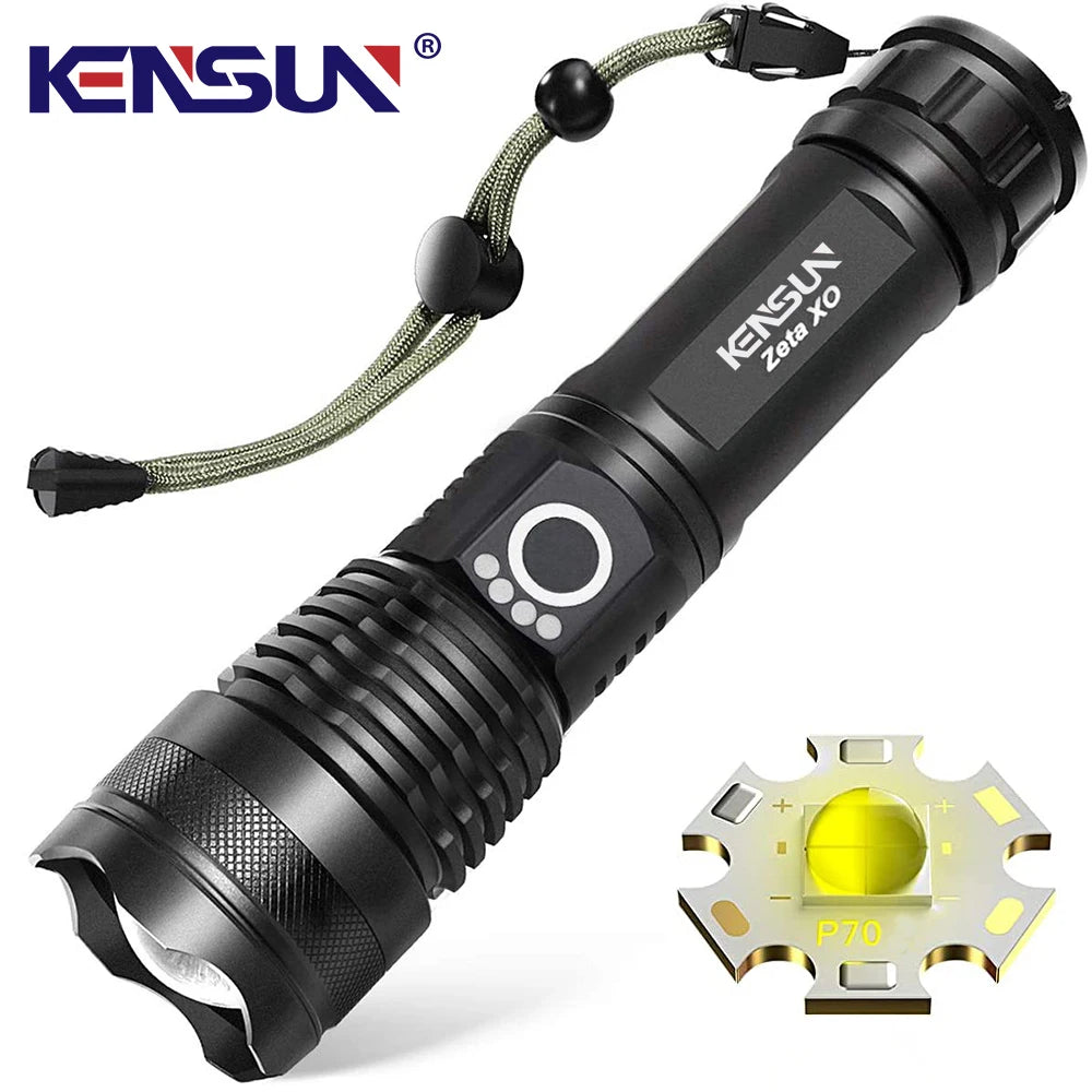 KENSUN High Power XHP70 Rechargeable Led Flashlight 4 Core Torch Zoom Usb Hand Lantern For Camping, Outdoor & Emergency Use 