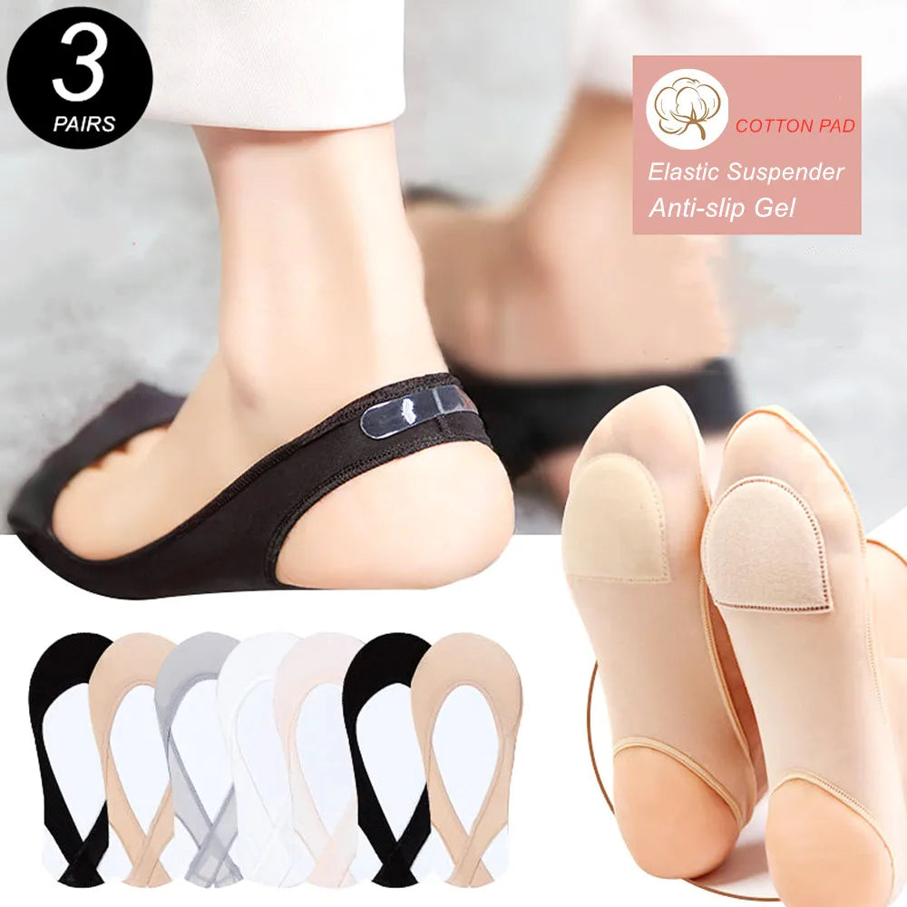 3 Pairs Invisible Cotton Pad Boat Socks Women's Summer Ice Silk Shallow Mouth Socks for High Heel Shoes Non Slip Silicone Sling