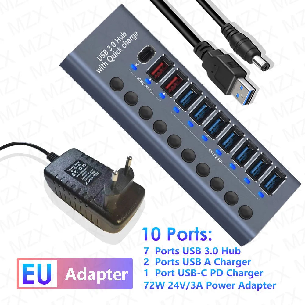 MZX USB A 3.0 Hub Aluminum Multi Ports Splitter Concentrator Quick PD Charger Power Adapter C Multiple Expander Hubs With Switch