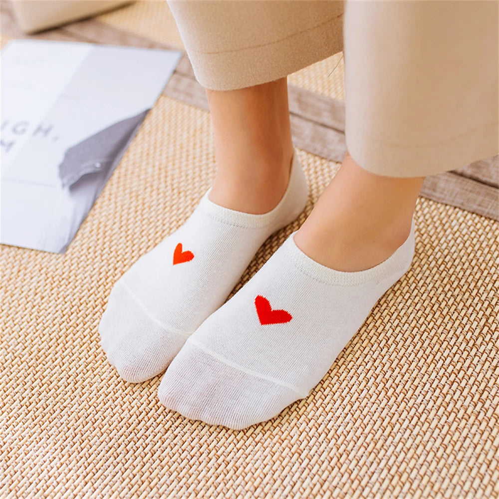 New Women's Summer Red Love Heart Breathable Soft Cotton Short Socks Unisex No-Slip Invisible Sokken Dropship