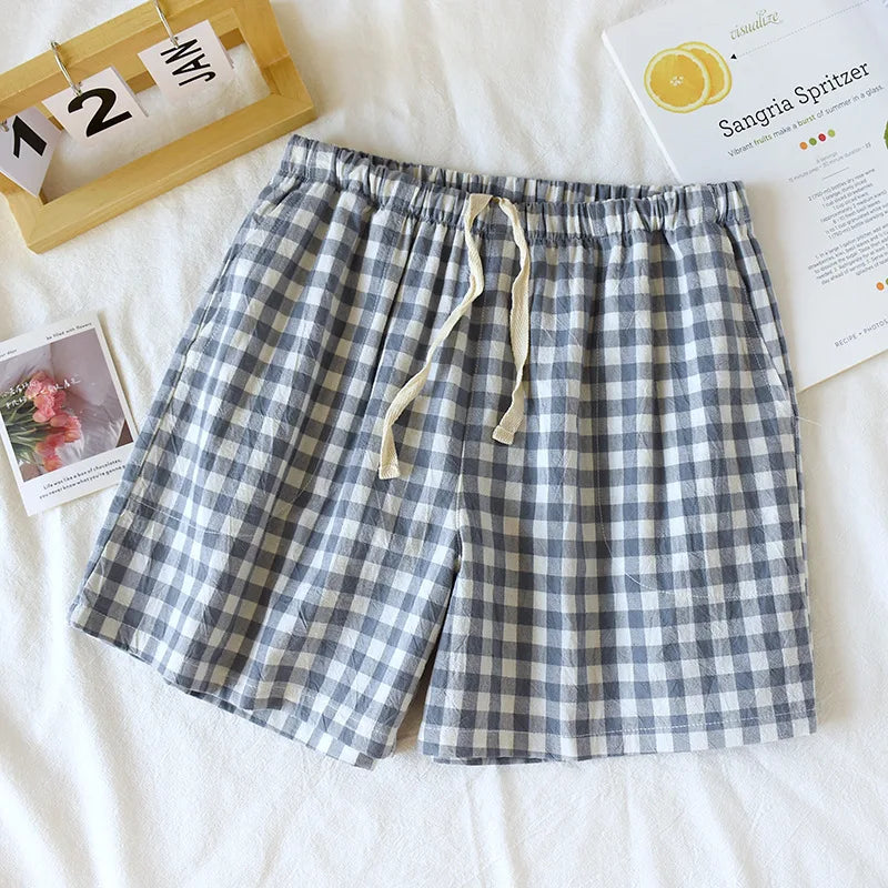 2025 New Summer Couple Japanese Shorts 100% Cotton Men's and Women's Plaid Simple Large Thin Home Shorts plaid pajama pants