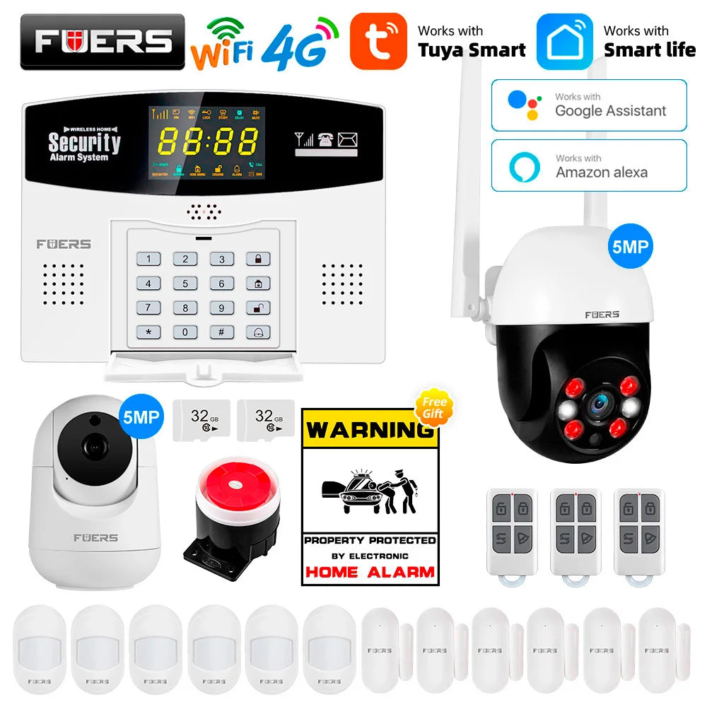 Fuers Tuya Smart WIFI 4G 2G GSM Alarm System Burglar Alarm 433MHZ Wireless Wired Security Zone Link Alexa Google Motion Sensor