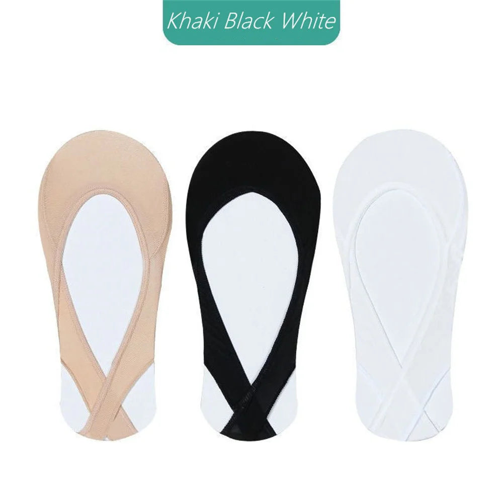 3 Pairs Invisible Cotton Pad Boat Socks Women's Summer Ice Silk Shallow Mouth Socks for High Heel Shoes Non Slip Silicone Sling