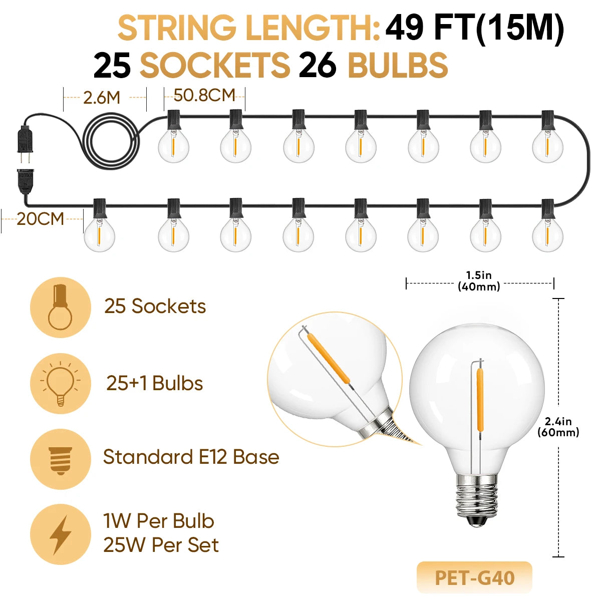Shatterproof G40 Lights Garland 220V 110V Led String Light E12 Waterproof Connectable Outdoor Backyard Christmas Light Decor