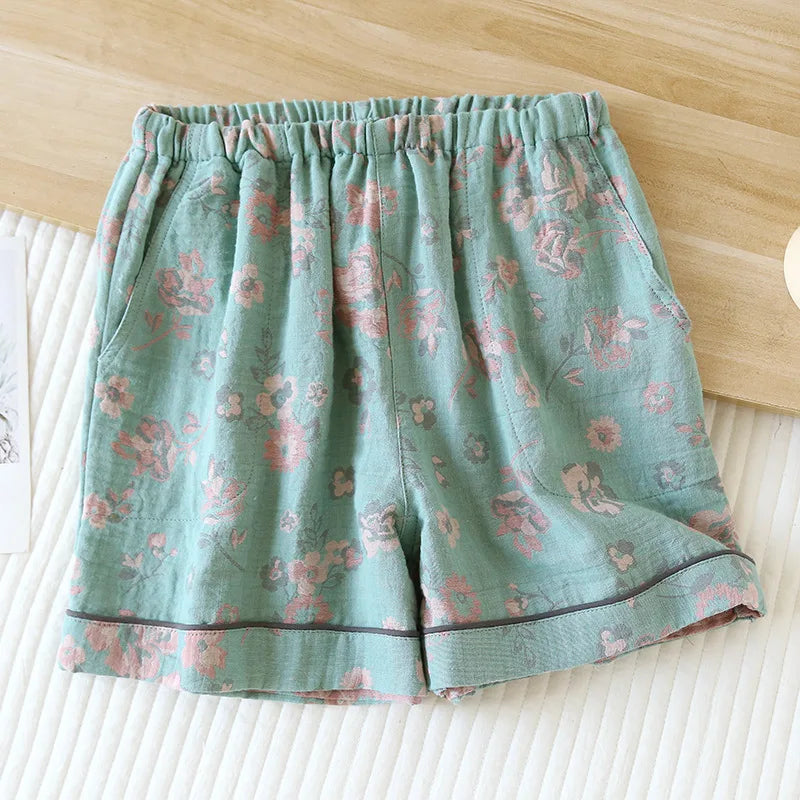 2025 New Summer Women's Pajamas 100% Cotton Shorts Yarn-dyed Jacquard Shorts Women's Loose Home Pants Thin Home Pants Pajamas