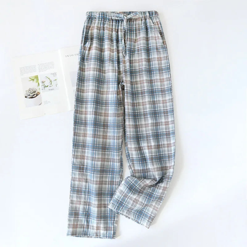 Men's Cotton Gauze Trousers Plaid Knitted Sleep Pants Woman Pajamas Pants Bottoms Sleepwear Short for Couples Pijama Hombre