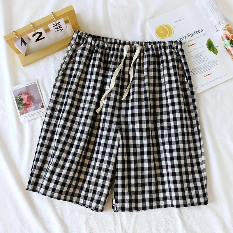 2025 New Summer Couple Japanese Shorts 100% Cotton Men's and Women's Plaid Simple Large Thin Home Shorts plaid pajama pants