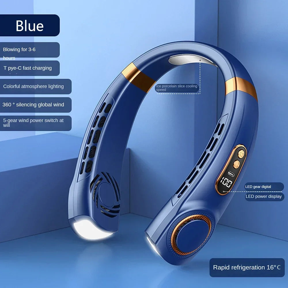 2025 New Portable Neck Fan USB Handheld Mute LED Digital Display Leafless Mini Electric Fan Colorful Atmosphere Lights 5th Gear