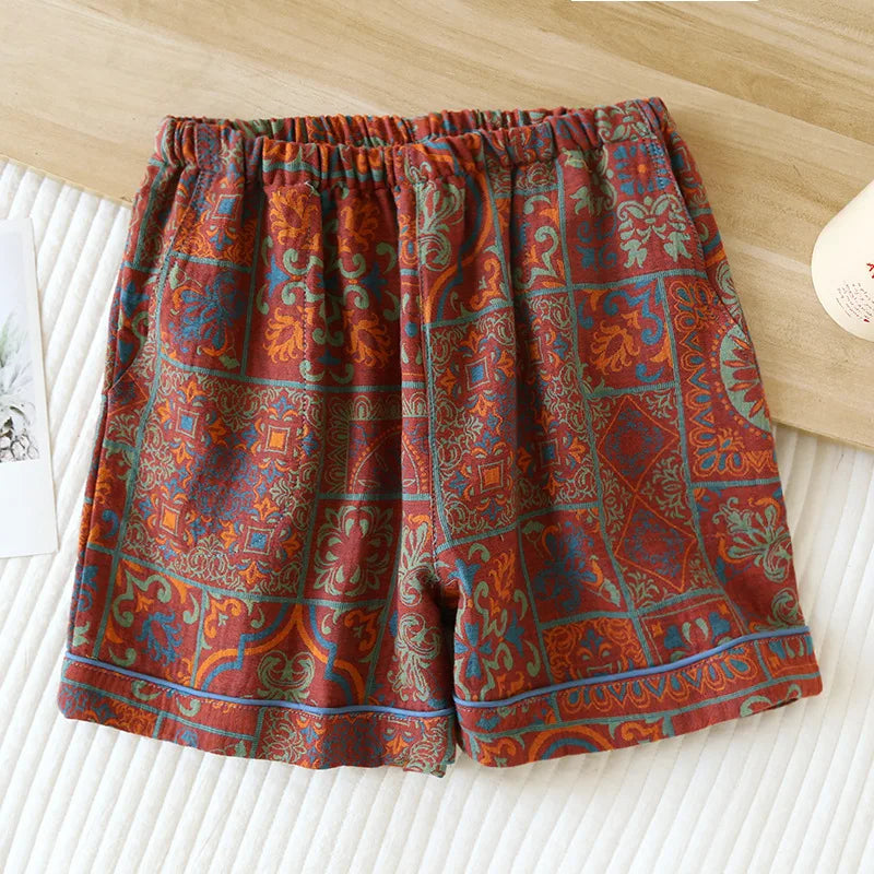 2025 New Summer Women's Pajamas 100% Cotton Shorts Yarn-dyed Jacquard Shorts Women's Loose Home Pants Thin Home Pants Pajamas