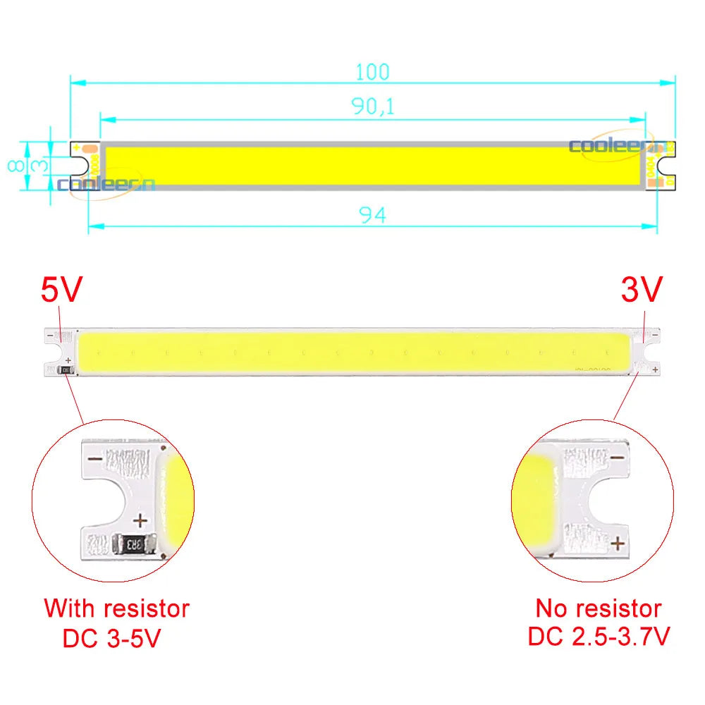 100x8mm 3V 3.7V 5V COB LED Light Chip 2W Warm Cool White Color with USB Plug AA Button Battery Box Dimmable Strip LED Bulb 100mm