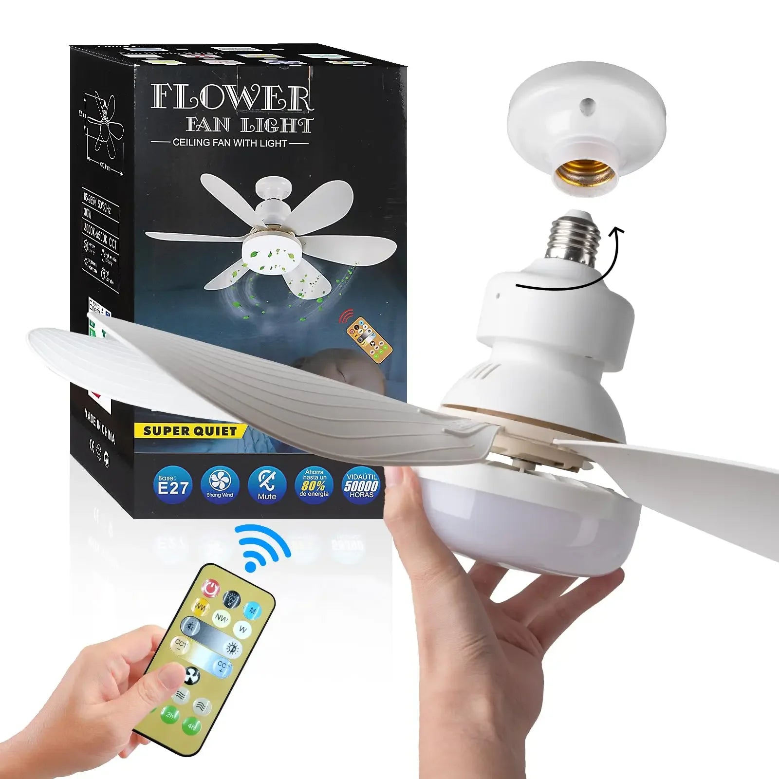E27 40W 52Cm Ceiling Fan With Led Light Remote Control White For Kitchen Bedroom Dining Room Patio