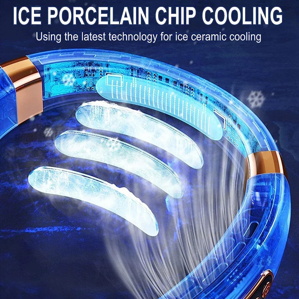 2025 New Portable Neck Fan USB Handheld Mute LED Digital Display Leafless Mini Electric Fan Colorful Atmosphere Lights 5th Gear