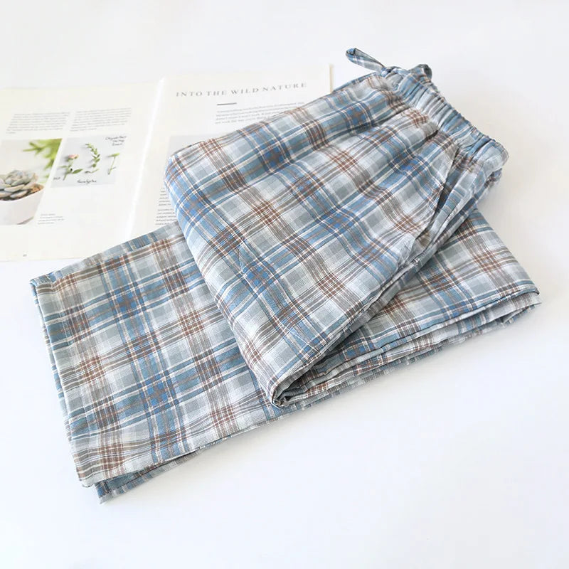 Men's Cotton Gauze Trousers Plaid Knitted Sleep Pants Woman Pajamas Pants Bottoms Sleepwear Short for Couples Pijama Hombre