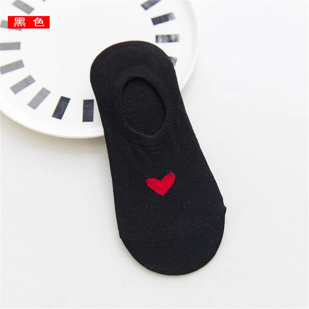 New Women's Summer Red Love Heart Breathable Soft Cotton Short Socks Unisex No-Slip Invisible Sokken Dropship