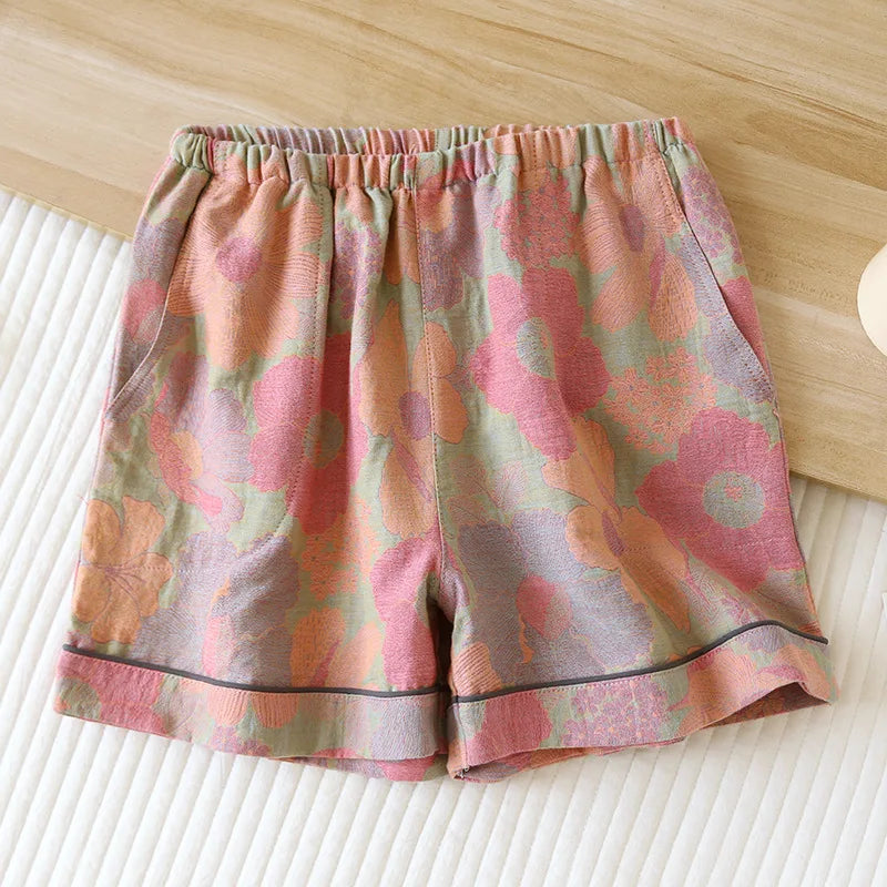 2025 New Summer Women's Pajamas 100% Cotton Shorts Yarn-dyed Jacquard Shorts Women's Loose Home Pants Thin Home Pants Pajamas