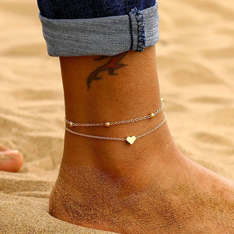 Boho Gold Silver Color Tassel Chain Bracelet Anklet Charms Snake/Starfish/Heart Sexy Leg Ankle On Foot Chain Beach Jewelry