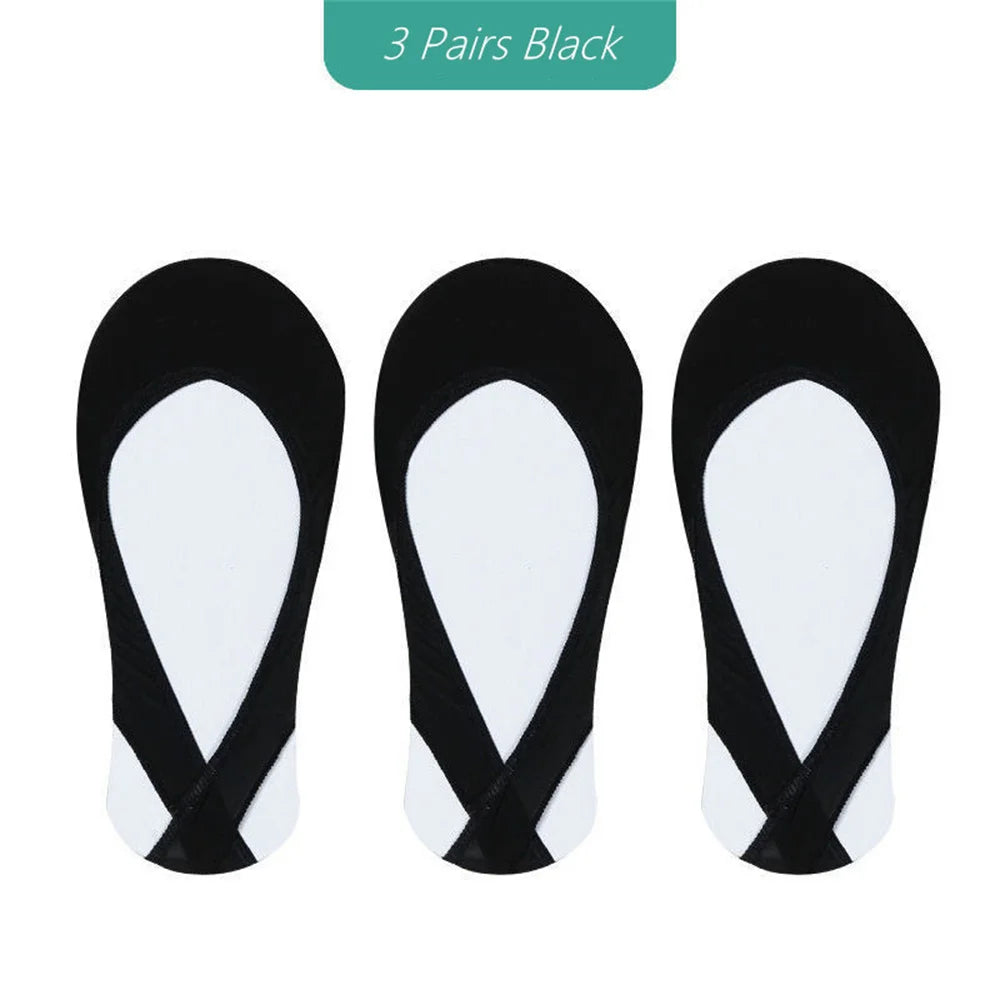 3 Pairs Invisible Cotton Pad Boat Socks Women's Summer Ice Silk Shallow Mouth Socks for High Heel Shoes Non Slip Silicone Sling