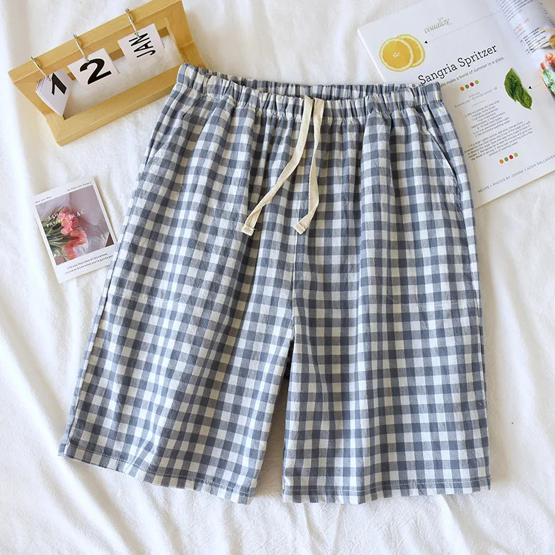 2025 New Summer Couple Japanese Shorts 100% Cotton Men's and Women's Plaid Simple Large Thin Home Shorts plaid pajama pants