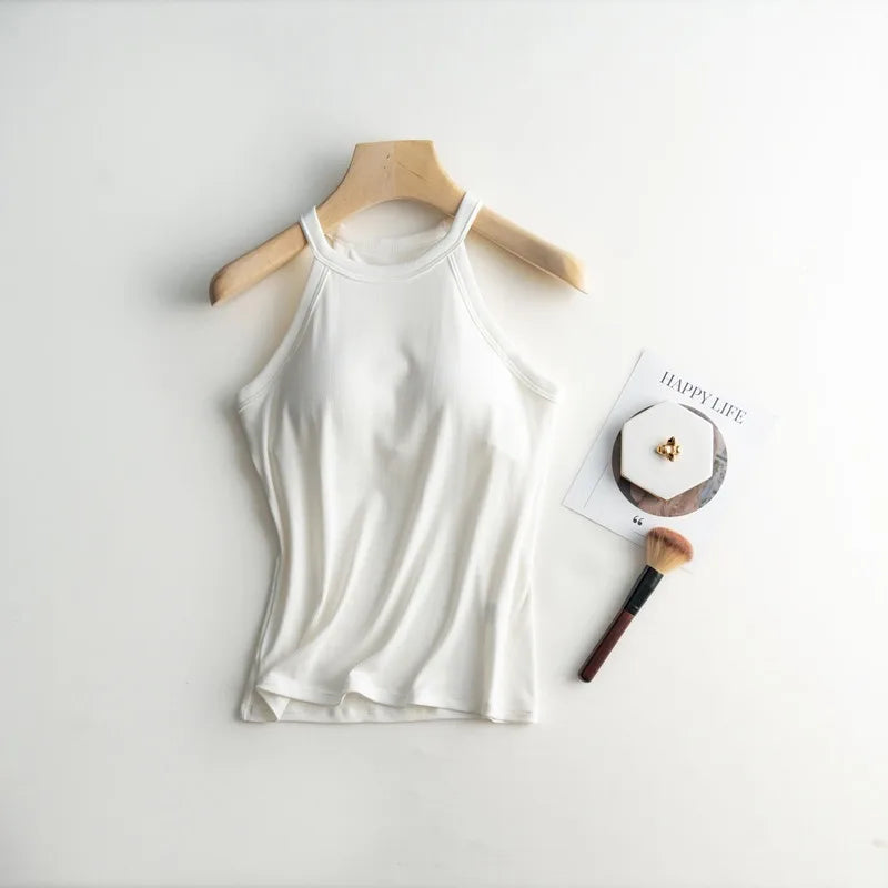 Basic Solid T shirts Women Slim Halter Neck Off-shoulder Camisole Tops Tees Summer Female Tanks Sleeveless With Chest Pad