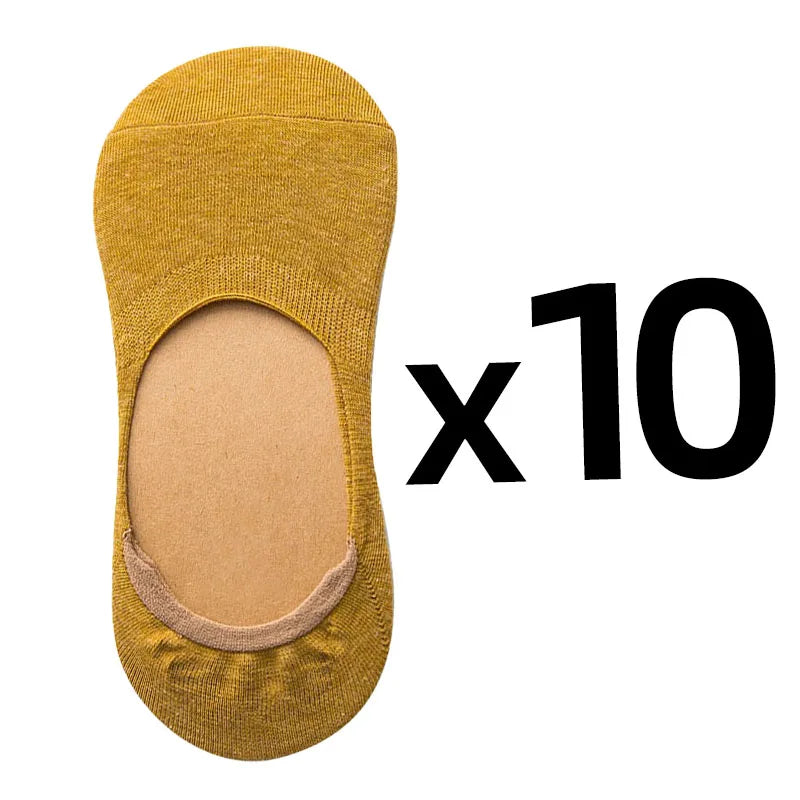10 Pairs Women Cotton Low Cut Socks Solid Color Softable Summer Silicone Non-slip Deep Mouth Prevent Heel Loss Slipper Socks