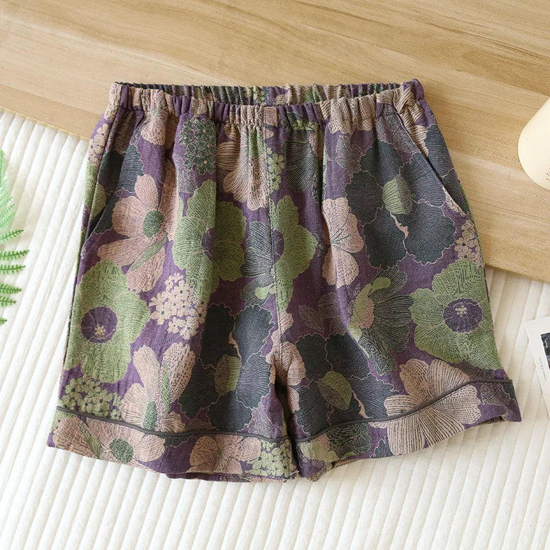 2025 New Summer Women's Pajamas 100% Cotton Shorts Yarn-dyed Jacquard Shorts Women's Loose Home Pants Thin Home Pants Pajamas