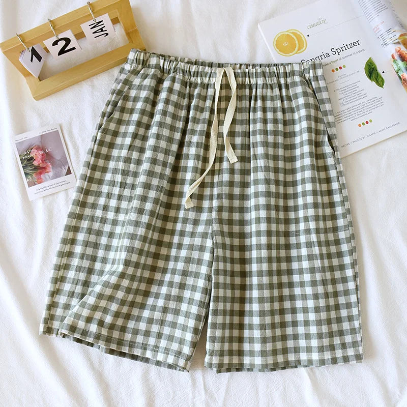 2025 New Summer Couple Japanese Shorts 100% Cotton Men's and Women's Plaid Simple Large Thin Home Shorts plaid pajama pants