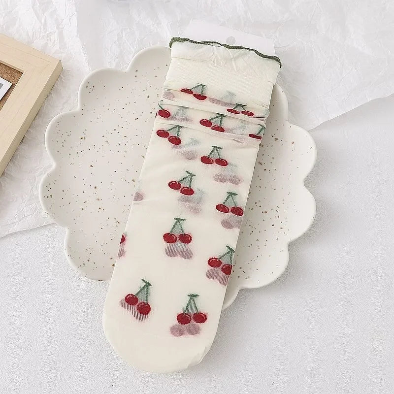 Dopamine JK Kawaii Fruit Ruffled Cute Silk Socks Women Summer Thin Breathable Flower Crystal Sexy Transparent Female Lace Socks