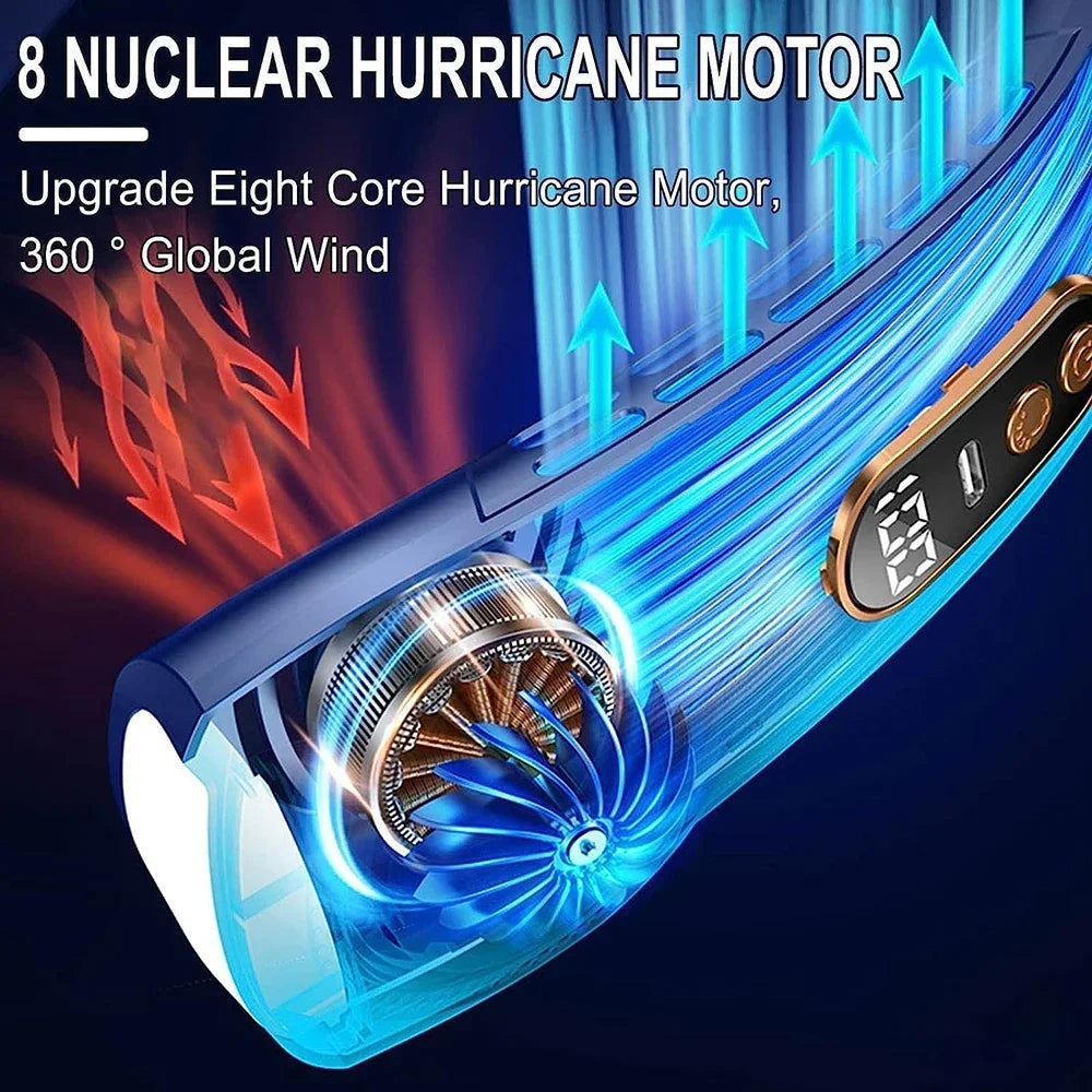2025 New Portable Neck Fan USB Handheld Mute LED Digital Display Leafless Mini Electric Fan Colorful Atmosphere Lights 5th Gear