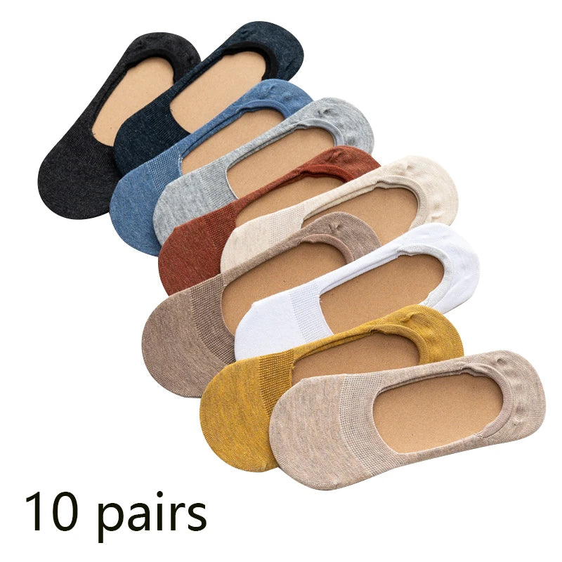 10 Pairs Women Cotton Low Cut Socks Solid Color Softable Summer Silicone Non-slip Deep Mouth Prevent Heel Loss Slipper Socks