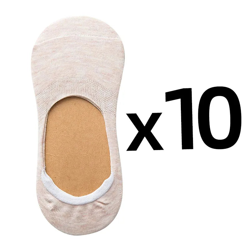 10 Pairs Women Cotton Low Cut Socks Solid Color Softable Summer Silicone Non-slip Deep Mouth Prevent Heel Loss Slipper Socks