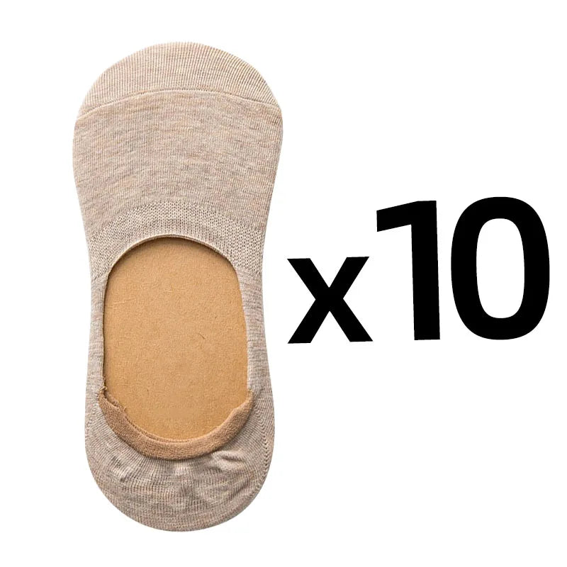 10 Pairs Women Cotton Low Cut Socks Solid Color Softable Summer Silicone Non-slip Deep Mouth Prevent Heel Loss Slipper Socks