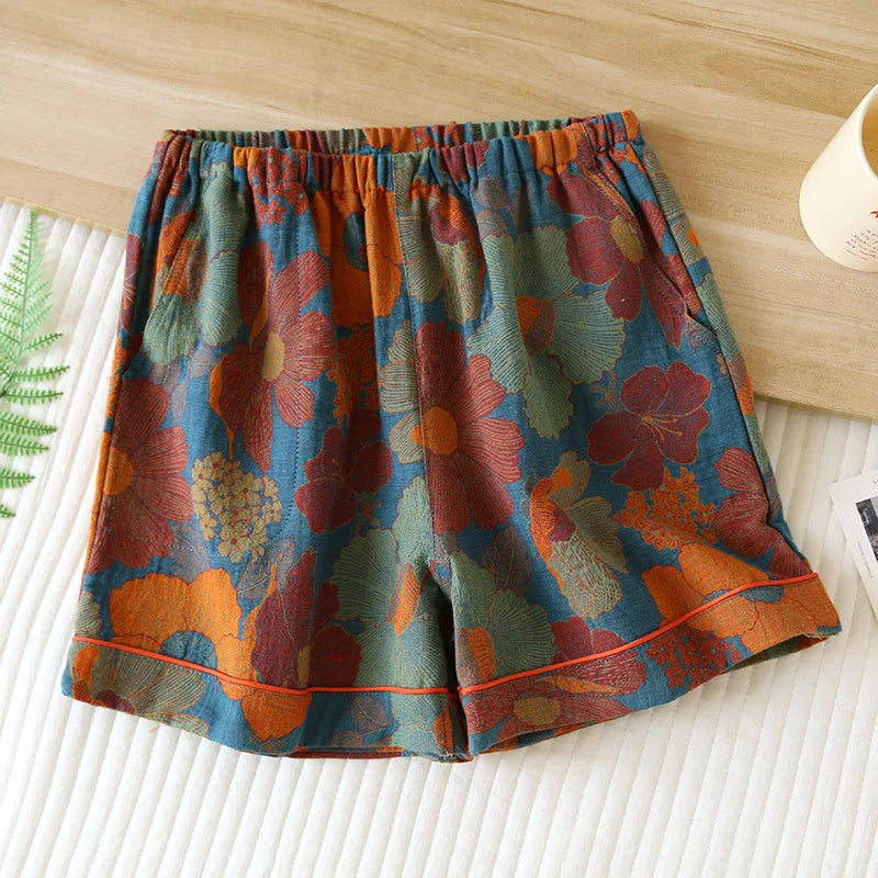 2025 New Summer Women's Pajamas 100% Cotton Shorts Yarn-dyed Jacquard Shorts Women's Loose Home Pants Thin Home Pants Pajamas