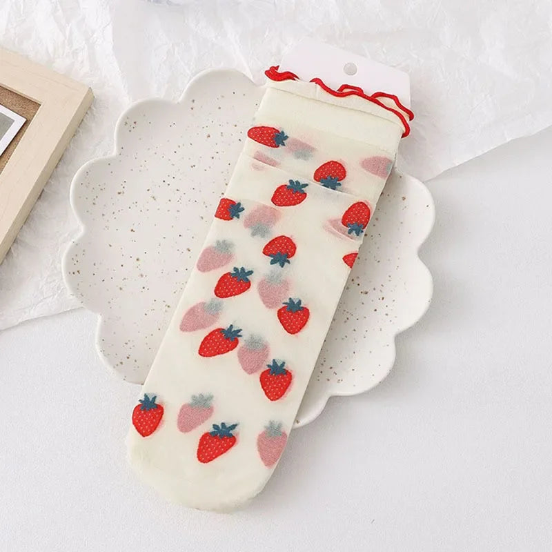 Dopamine JK Kawaii Fruit Ruffled Cute Silk Socks Women Summer Thin Breathable Flower Crystal Sexy Transparent Female Lace Socks