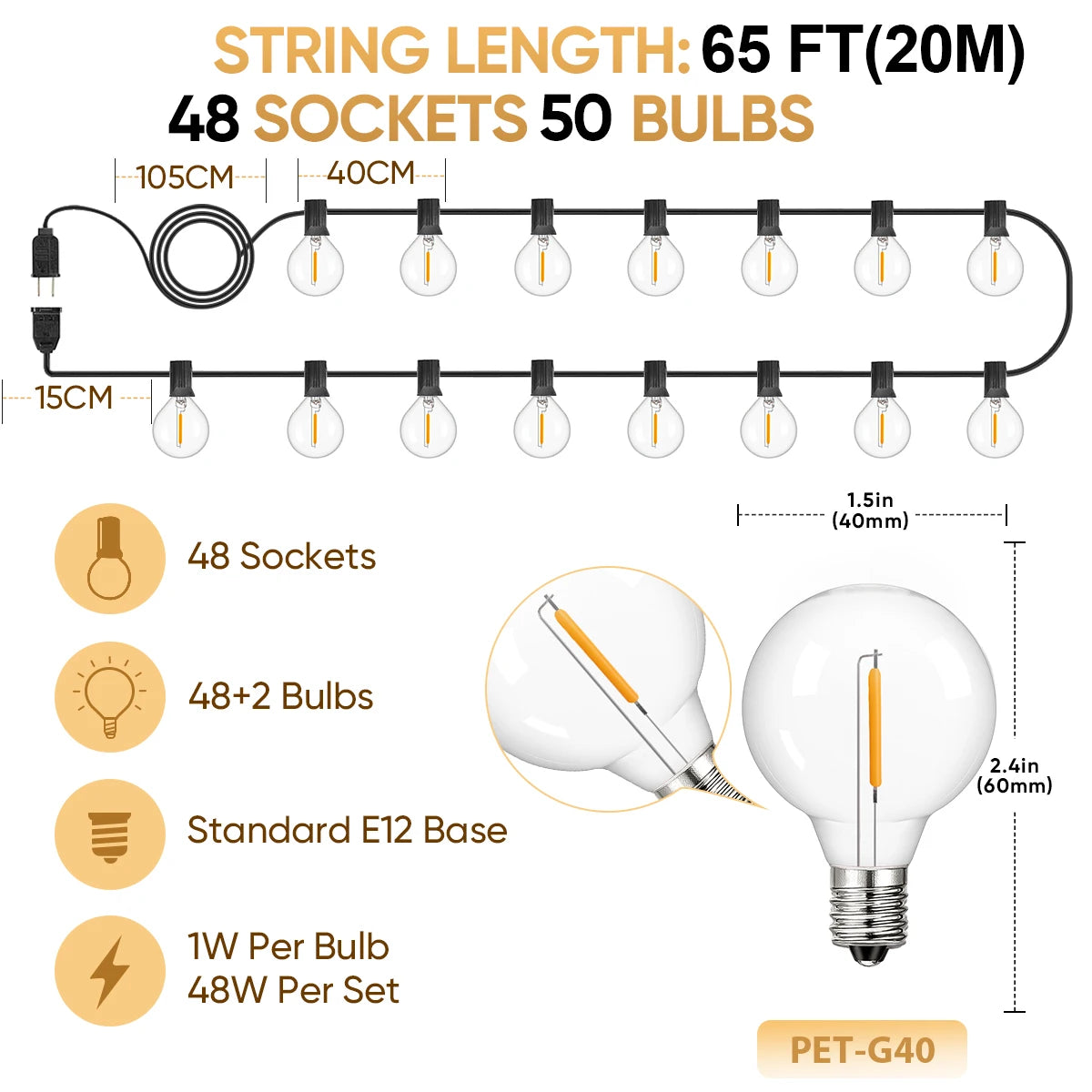 Shatterproof G40 Lights Garland 220V 110V Led String Light E12 Waterproof Connectable Outdoor Backyard Christmas Light Decor