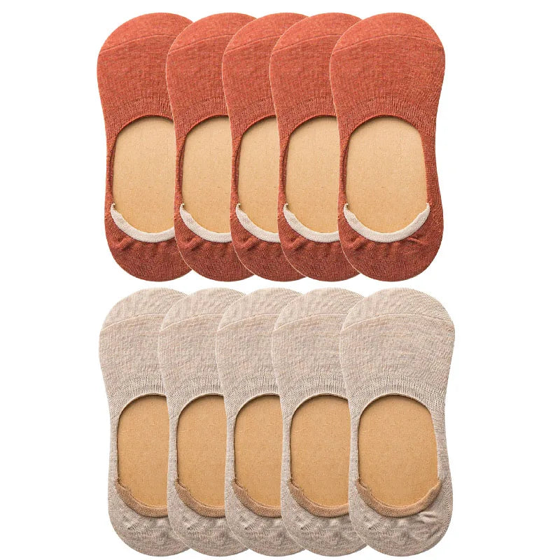10 Pairs Women Cotton Low Cut Socks Solid Color Softable Summer Silicone Non-slip Deep Mouth Prevent Heel Loss Slipper Socks