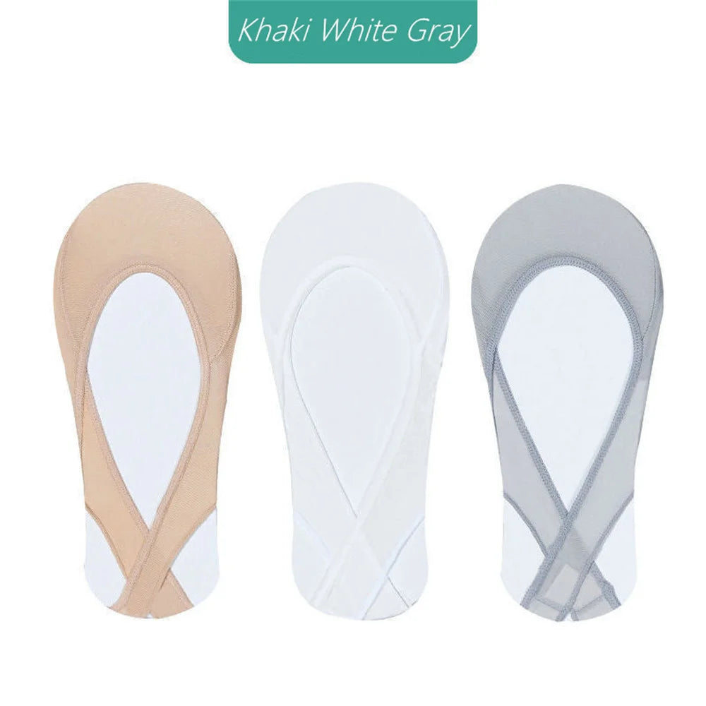 3 Pairs Invisible Cotton Pad Boat Socks Women's Summer Ice Silk Shallow Mouth Socks for High Heel Shoes Non Slip Silicone Sling