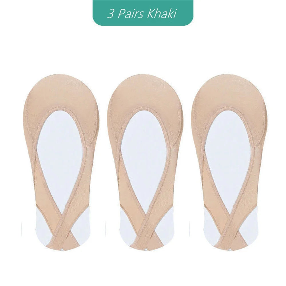 3 Pairs Invisible Cotton Pad Boat Socks Women's Summer Ice Silk Shallow Mouth Socks for High Heel Shoes Non Slip Silicone Sling