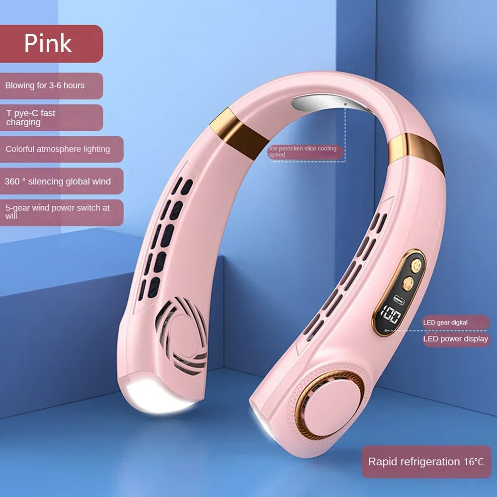 2025 New Portable Neck Fan USB Handheld Mute LED Digital Display Leafless Mini Electric Fan Colorful Atmosphere Lights 5th Gear