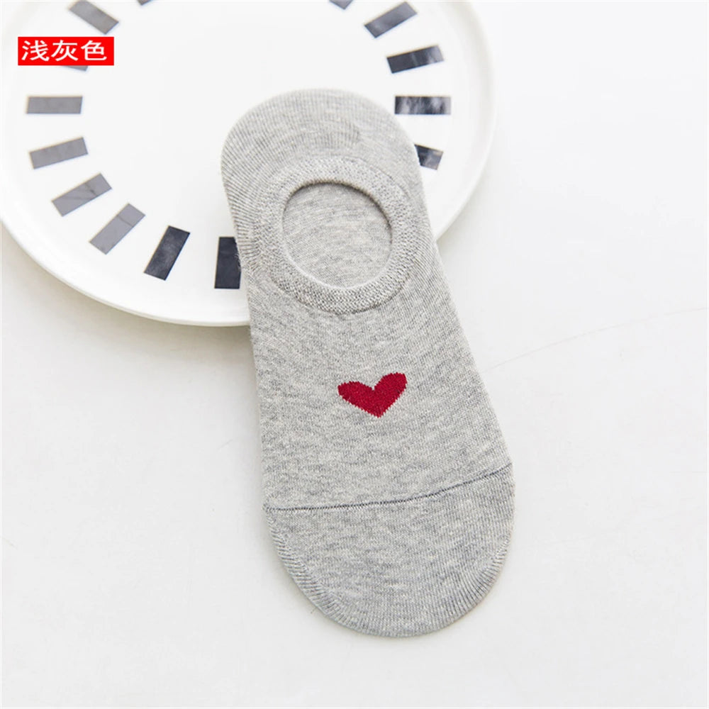 New Women's Summer Red Love Heart Breathable Soft Cotton Short Socks Unisex No-Slip Invisible Sokken Dropship