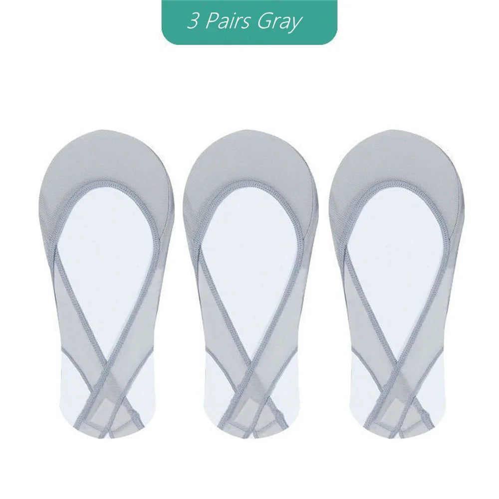 3 Pairs Invisible Cotton Pad Boat Socks Women's Summer Ice Silk Shallow Mouth Socks for High Heel Shoes Non Slip Silicone Sling