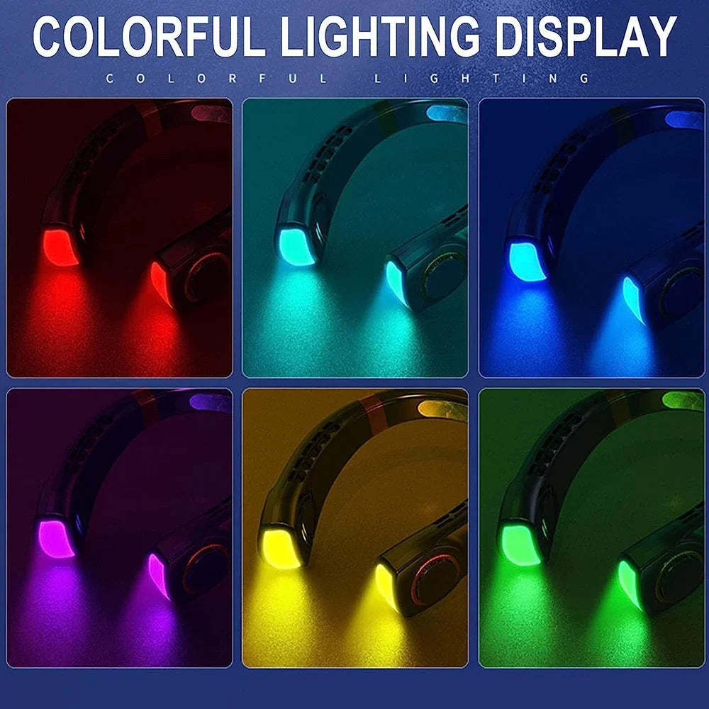2025 New Portable Neck Fan USB Handheld Mute LED Digital Display Leafless Mini Electric Fan Colorful Atmosphere Lights 5th Gear