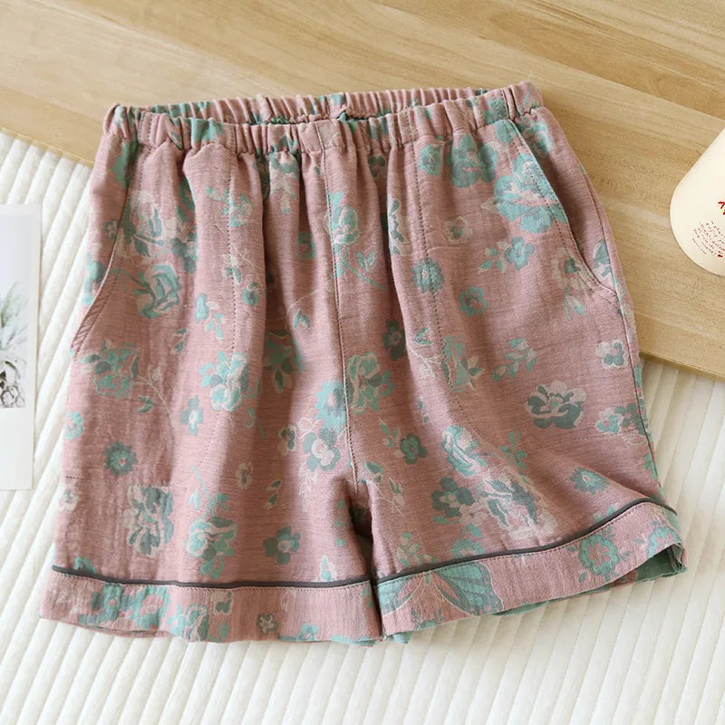 2025 New Summer Women's Pajamas 100% Cotton Shorts Yarn-dyed Jacquard Shorts Women's Loose Home Pants Thin Home Pants Pajamas