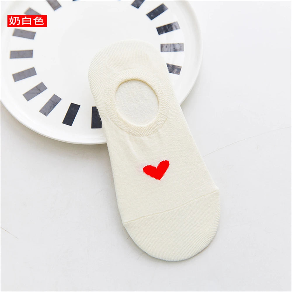 New Women's Summer Red Love Heart Breathable Soft Cotton Short Socks Unisex No-Slip Invisible Sokken Dropship