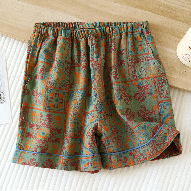 2025 New Summer Women's Pajamas 100% Cotton Shorts Yarn-dyed Jacquard Shorts Women's Loose Home Pants Thin Home Pants Pajamas