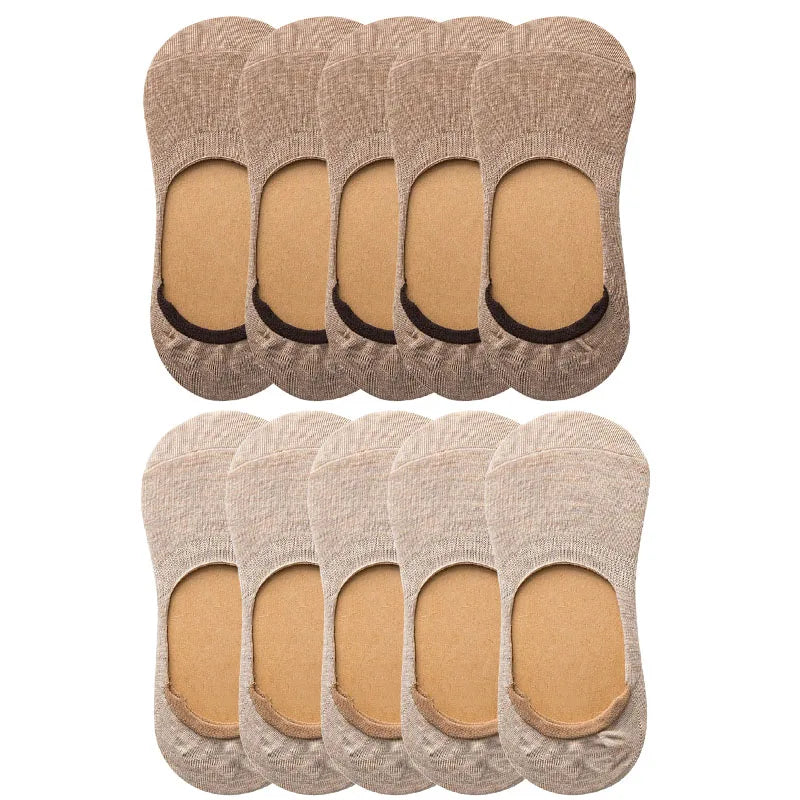 10 Pairs Women Cotton Low Cut Socks Solid Color Softable Summer Silicone Non-slip Deep Mouth Prevent Heel Loss Slipper Socks