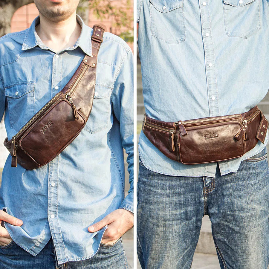 CONTACT'S Cow Leather Men Waist Bag New Casual Small Fanny Pack Male Waist Pack For Cell Phone And Credit Cards Travel Chest Bag