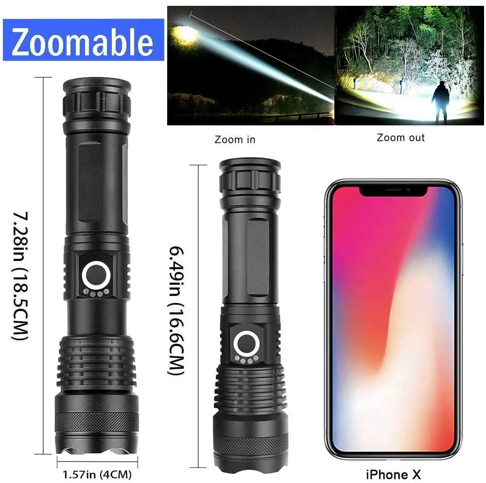 KENSUN High Power XHP70 Rechargeable Led Flashlight 4 Core Torch Zoom Usb Hand Lantern For Camping, Outdoor & Emergency Use ﻿
