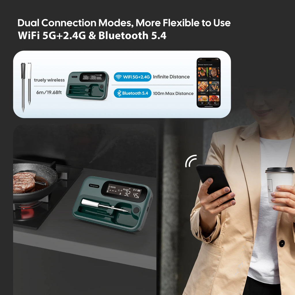 Smart Beef Meat Thermometer Wireless Bluetooth BBQ Thermometer with Long&Short Probes Precision Food Temp Gauge for Cooking